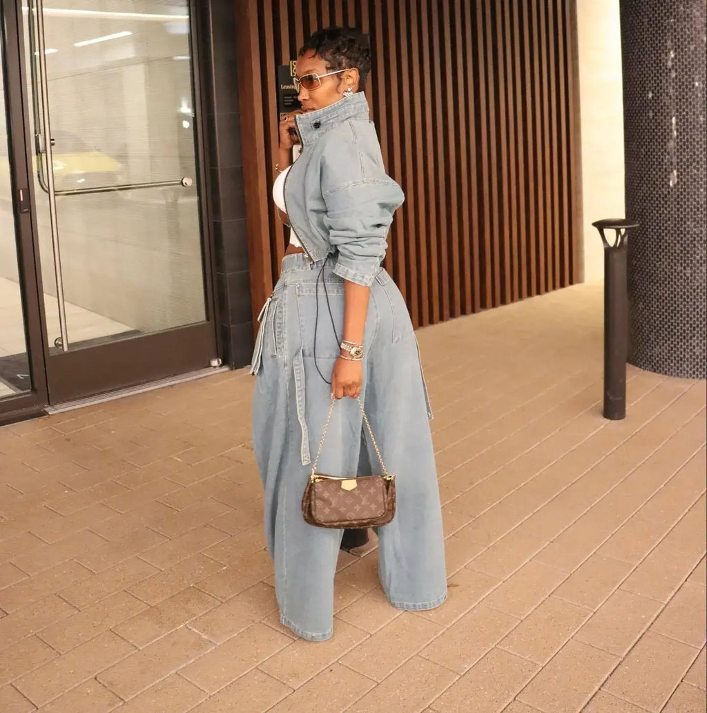 Denim Two Piece Sets Women Coat Jacket Wide Leg Pants Jeans Suits Matching Sets Trousers Outfits 2025/2026 Y2k Streetwear Party