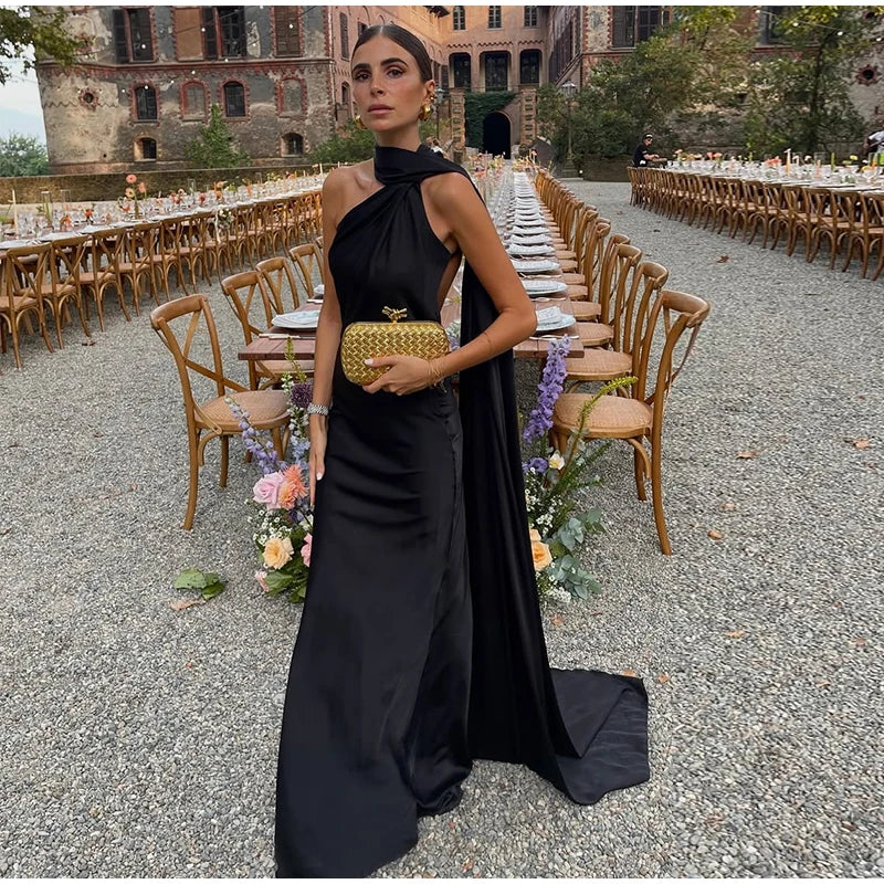 Elegant Ribbon Halter Dress Women Solid Off Shoulder Sleeveless Backless Slim Maxi Dresses 2026 Summer Autumn Party Robes Lady