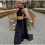 Elegant Ribbon Halter Dress Women Solid Off Shoulder Sleeveless Backless Slim Maxi Dresses 2026 Summer Autumn Party Robes Lady