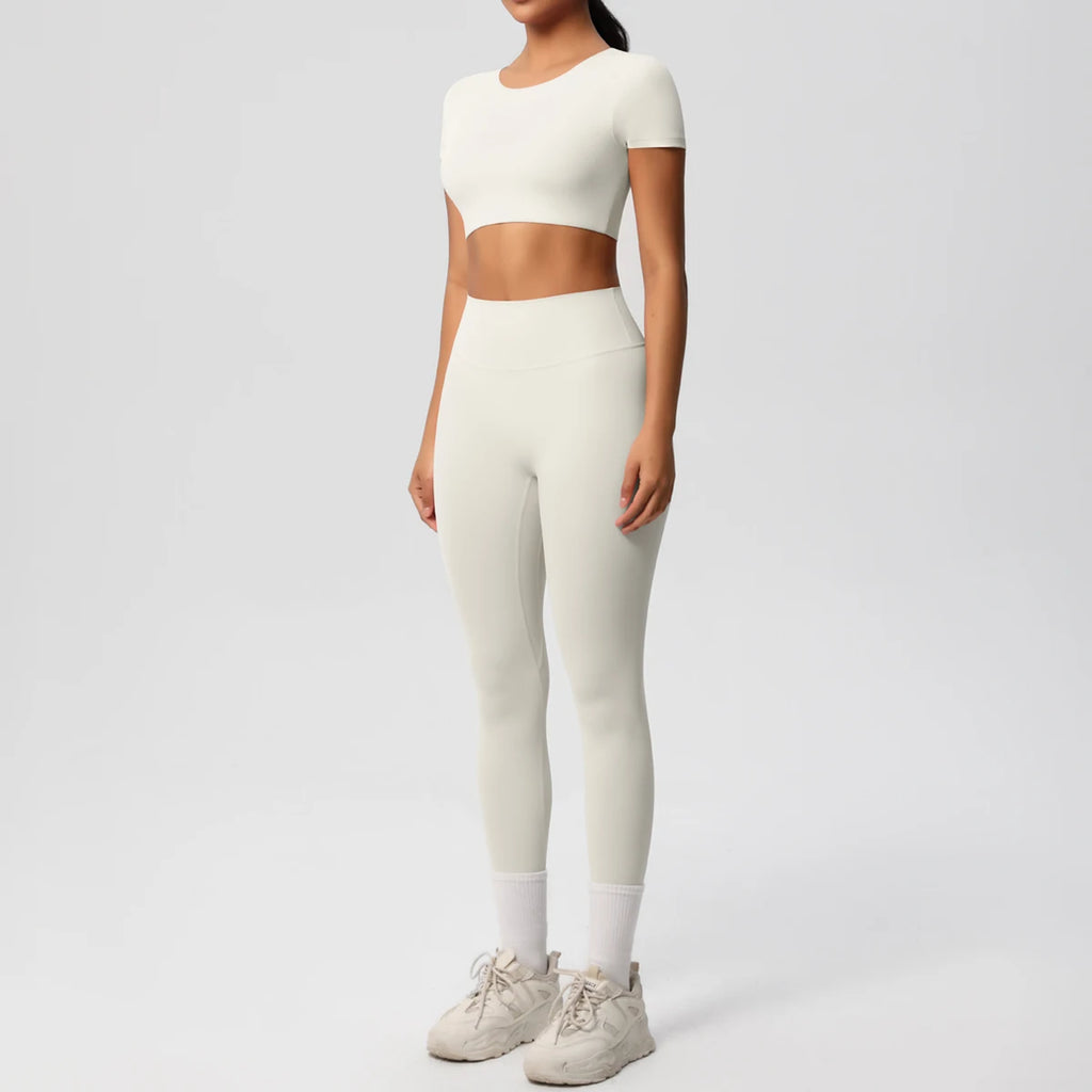 2PCS Woman Gym Sports Yoga Set Knitted Slim Workout Top Short Sleeve Quick Drying Legging Fitness Pants Running Sports Yoga Suit