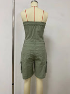Sexy Strapless Button up Denim Romper Women Short Overalls 2025 Summer Street Casual Sleeveless Cargo Jean Jumpsuit with Pockets