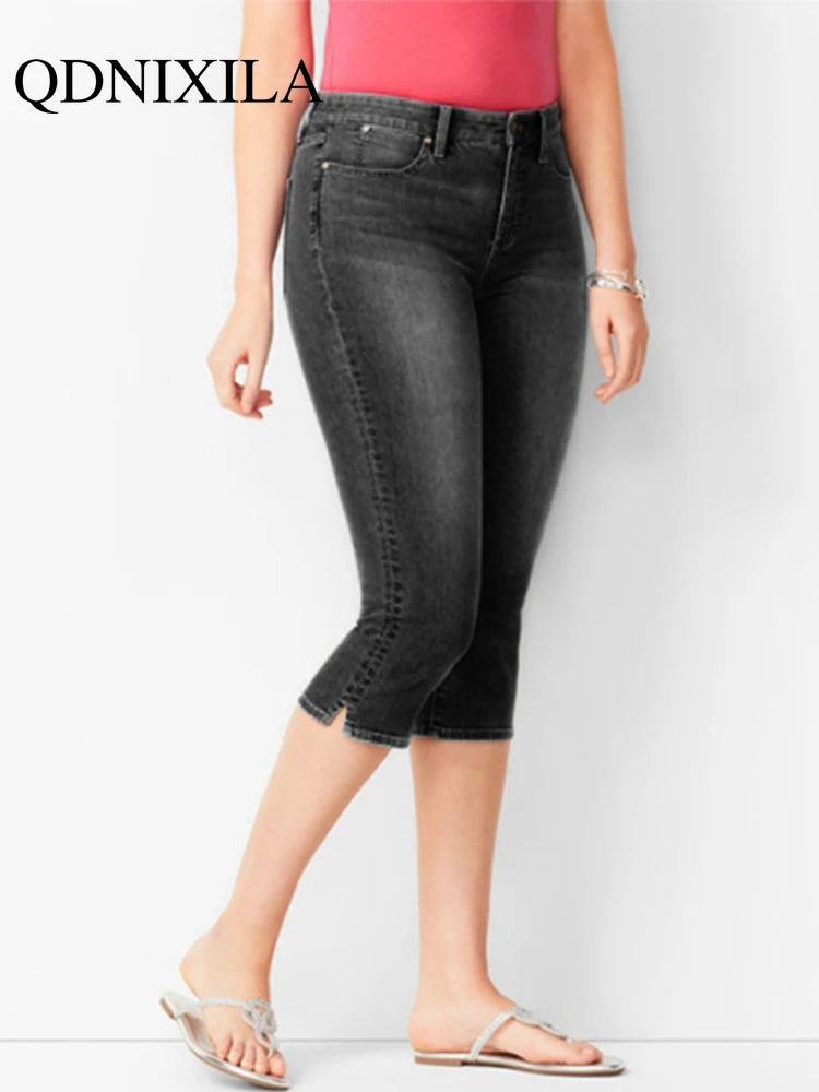 Woman's Jeans Black Denim Pants Ladies Cropped Trousers Skinny  Knee Length Jeans Women Elastic High Waist Mom Jeans Oversize Secondary image