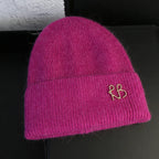 Letter Fluffy Angora Fur Beanies Winter Hat for Woman Luxury Fluffy Knited Hat Bonnet Lady Autumn Winter Warm Skullies Cap