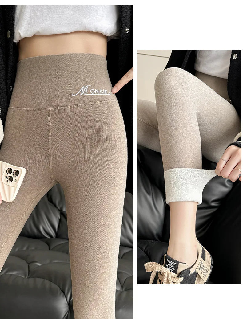 Winter Cashmere Leggings Women Solid Warm Leggings High Waist Slim Stretchy Pants Big Size Adding Velvet and Thickening Pants