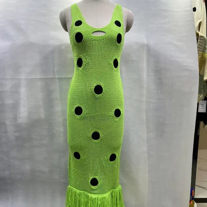 Women Sexy See Through Knitted Maxi Dress Hollow Out Deep Neck Pot Robes Tassel Hem Fork Party Vestidos 2025 New Lady Club Gown