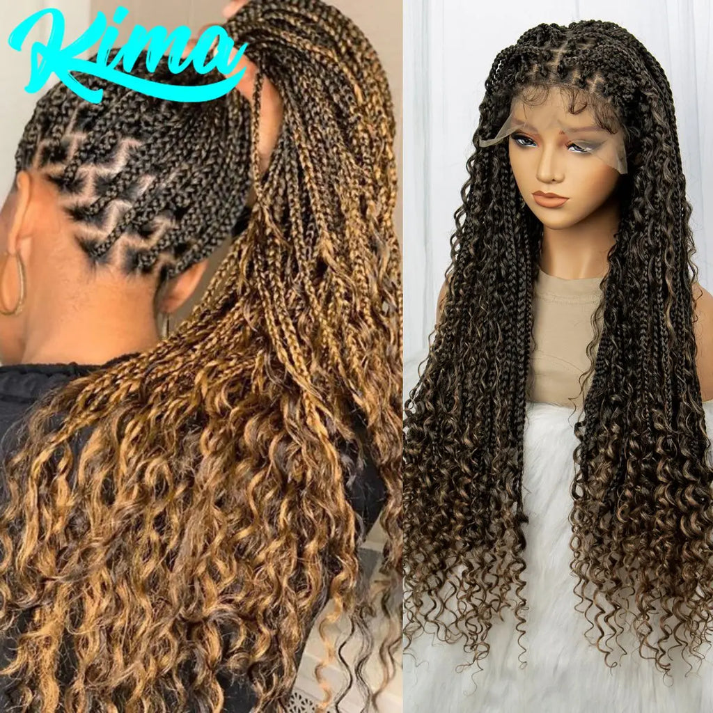 32inch Synthetic Boho Knotless Braided Wigs for Black Women Bohemian Box Braids Wigs Lace Front Braided Lace Wigs with Baby Hair