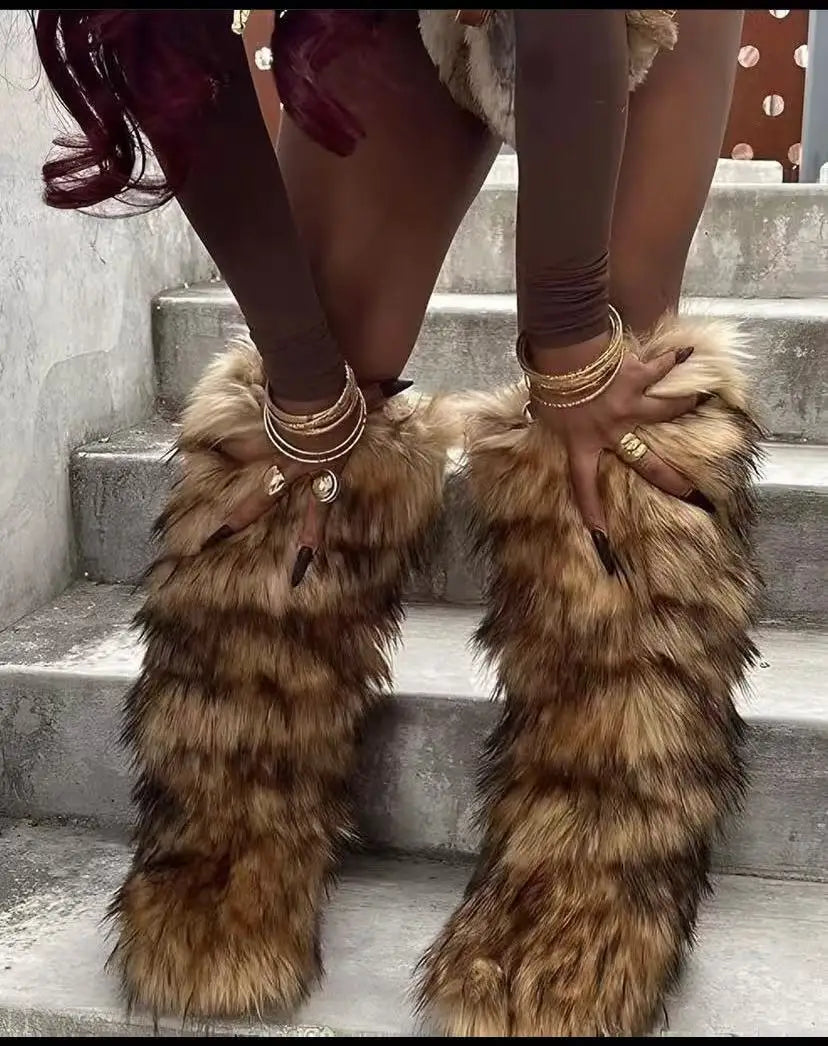 Winter New High Boots Over The Knee Snow Boots Women Plus Velvet Warm Imitation Fox Fur Boots Imitation Raccoon Fur Winter Boots