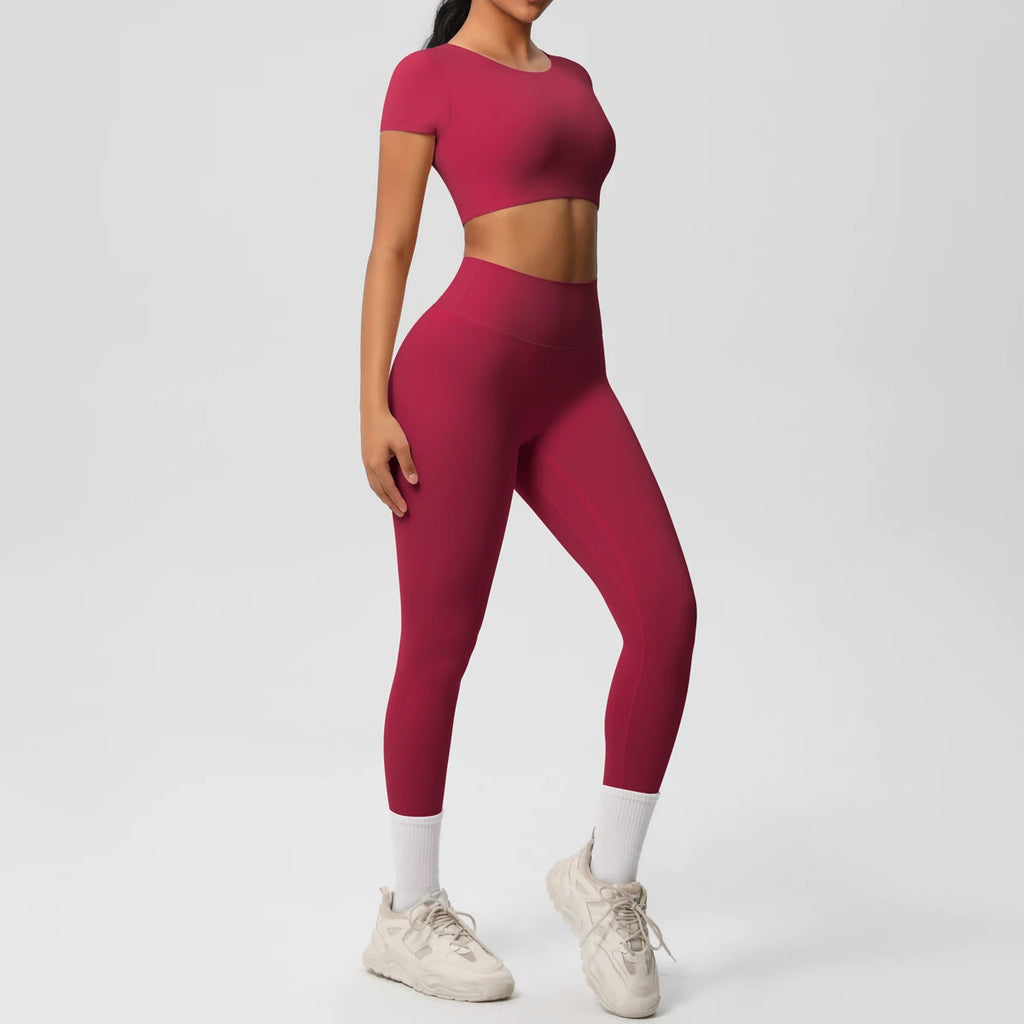 2PCS Woman Gym Sports Yoga Set Knitted Slim Workout Top Short Sleeve Quick Drying Legging Fitness Pants Running Sports Yoga Suit