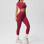2PCS Woman Gym Sports Yoga Set Knitted Slim Workout Top Short Sleeve Quick Drying Legging Fitness Pants Running Sports Yoga Suit