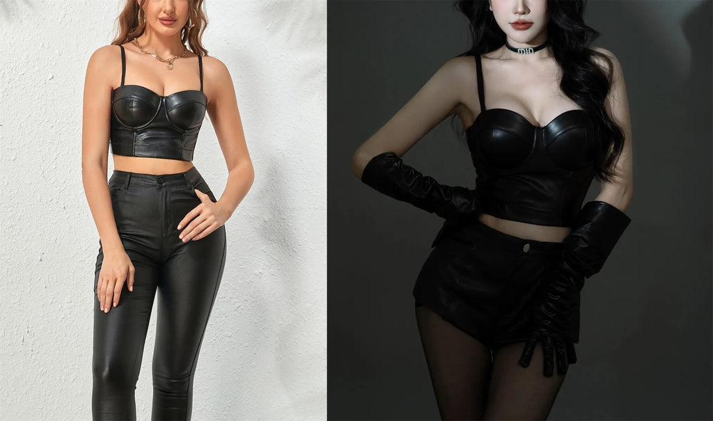 Stylish Wowen PU Leather Corset Imitation Leather Festival Clothing Bustier Lady Cropped Top Girls Punk Rock Club Party Camis