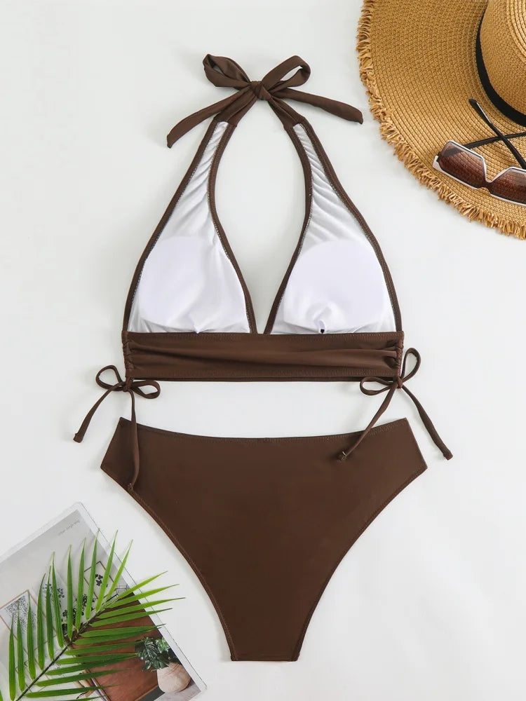 Bikini Women Swimsuit 2025 New Solid Halter V Neck Bikinis Set Sexy High Waist Swimwear Summer Beachwear Bathing Suit For Female Secondary image