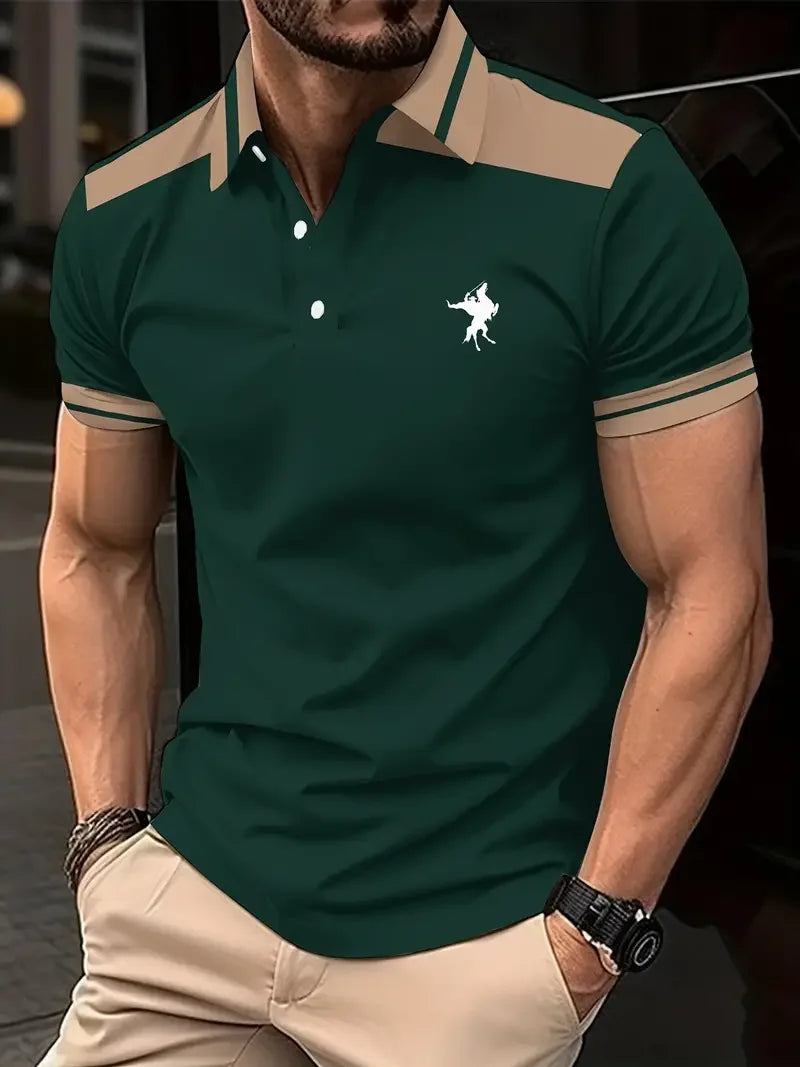 Men's color blocked short sleeved lapel golf shirt with casual style slight elasticity regular summer loose fit golf Men shirt