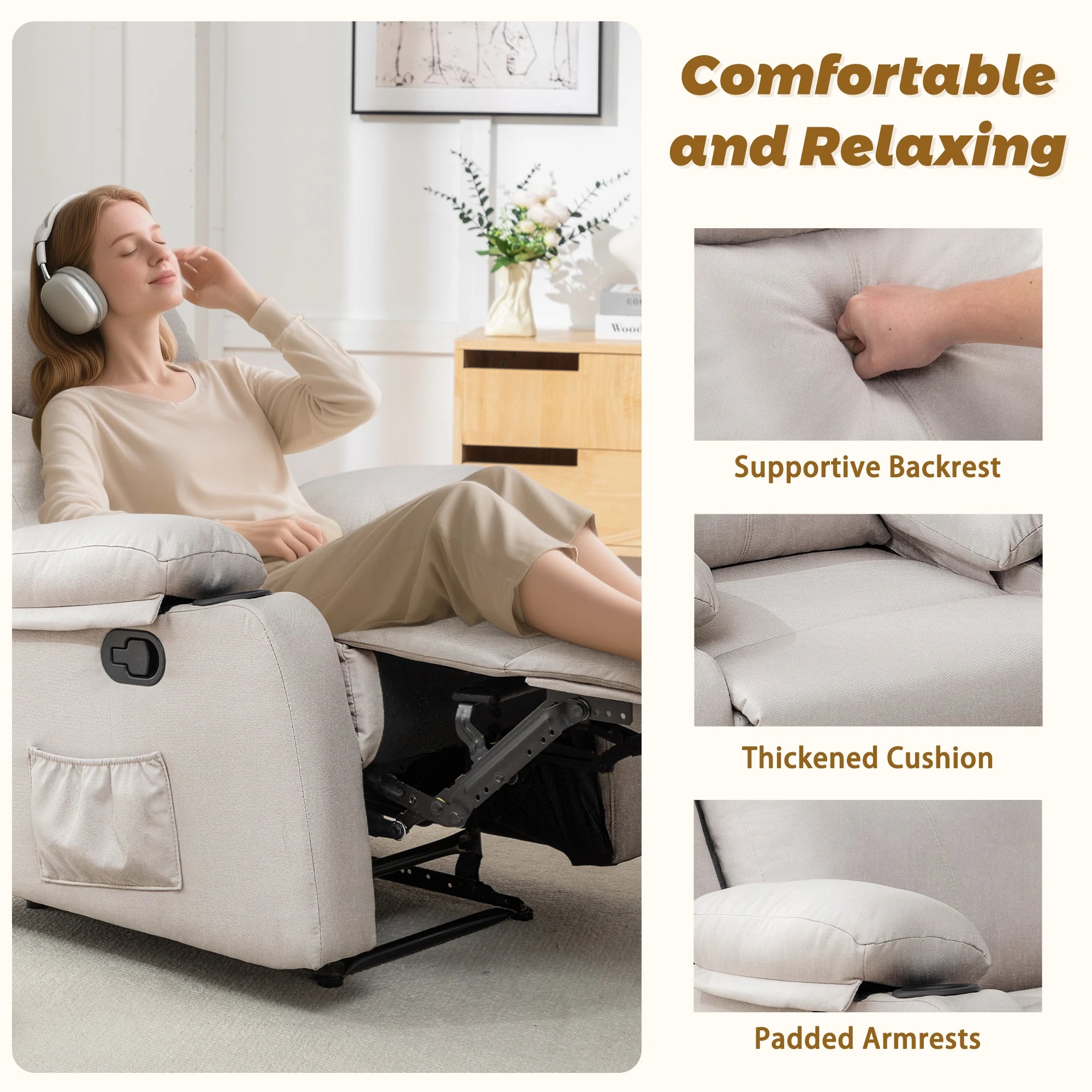 Korser Small Recliners for Small Spaces, Reclining Manual Chair with Cup Holders and Side Pockets  for Living Room, Bedroom