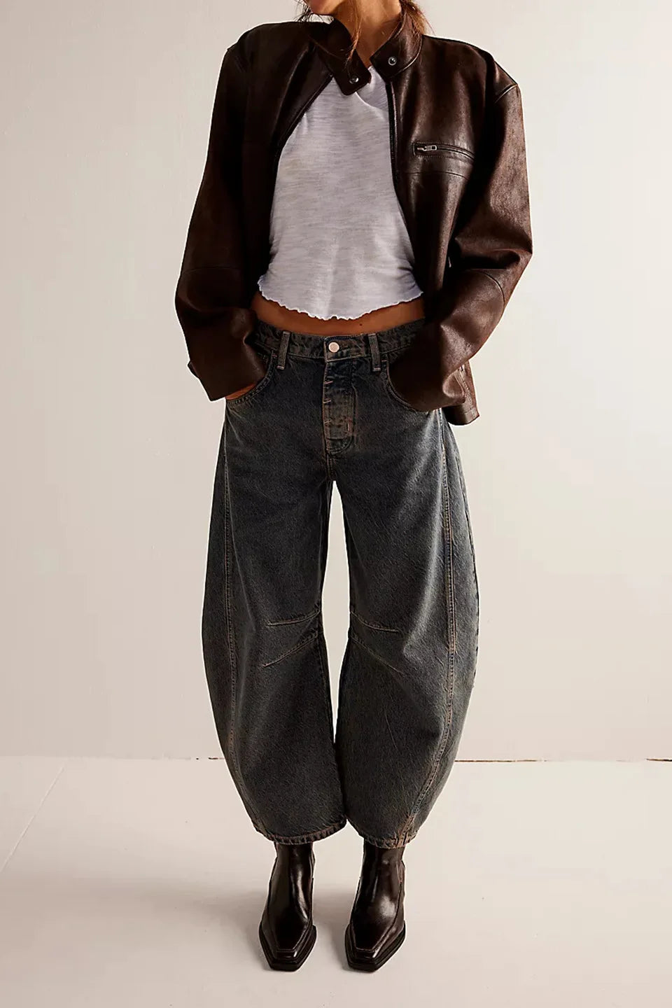 Midiross High Stretch Mid-Rise Barrel Jeans Fashion wide Leg Shape Women Casual Baggy Mid Waist Denim Pants