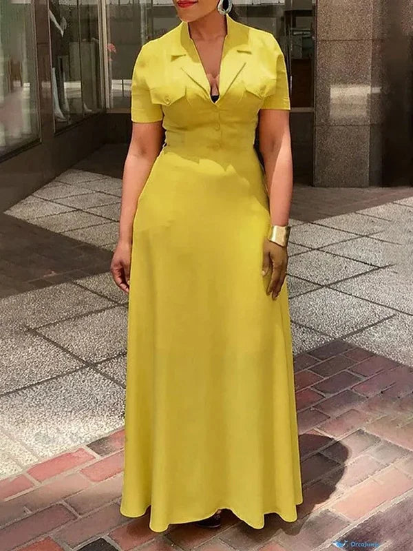 UOOZEE Office Lady Formal Notched Collar Commute Maxi Dresses Short Sleeves Buttoned Pockets Casual A-Line Yellow Dress 2025 New Secondary image