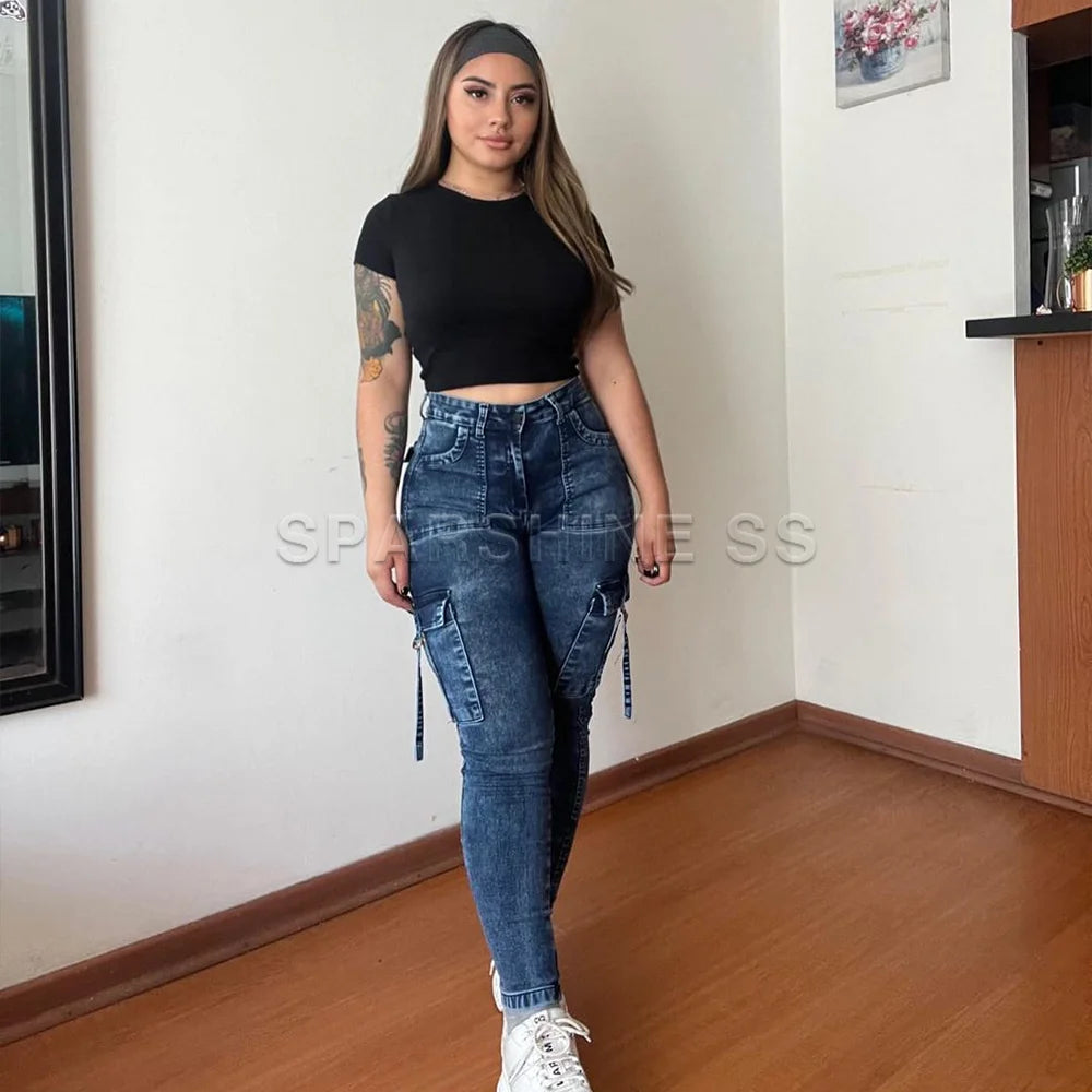 Vintage Streetwear Skinny Jeans Women Retro Y2K High Waist Jeans Casual Wash Cargo Pants Women Autumn Winter Legging Denim Pants Secondary image