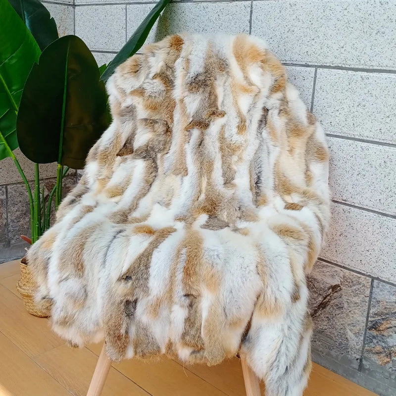 50x100cm Natural Rabbit Fur Patchwork Blankets Winter Bedspread on The Bed Striped Throw Blanket Soft Sofa Cover Christmas Party Main image
