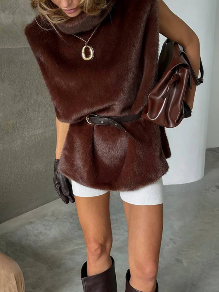 Solid Faux Fur Vest Crop Top Women Fashion Turtleneck Fluffy Short Tank Tops 2025 Winter Female Elegant Sleeveless Jacket Coat