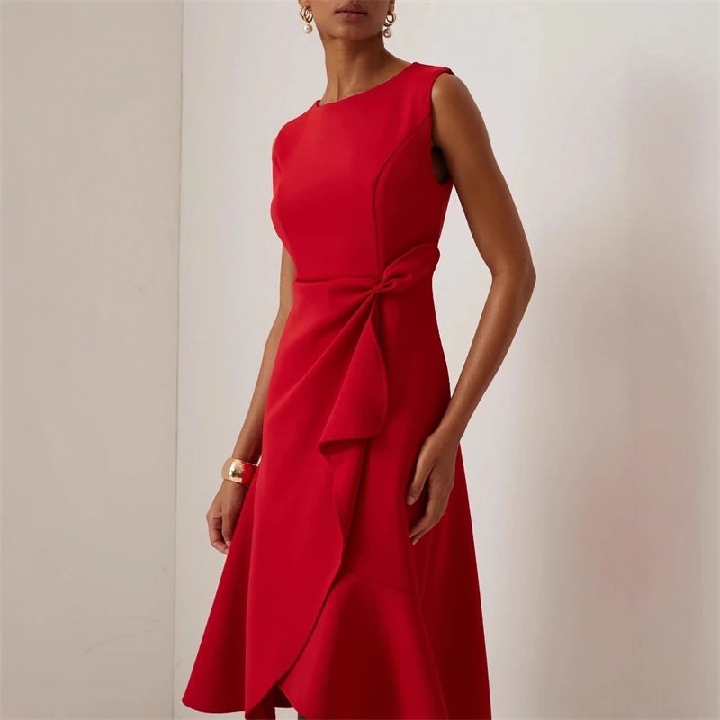Women Sleeveless Solid Color Round Neck Midi Dress Elegant Slim Fit Formal Party Outfit Fashion 2025 New Arrival