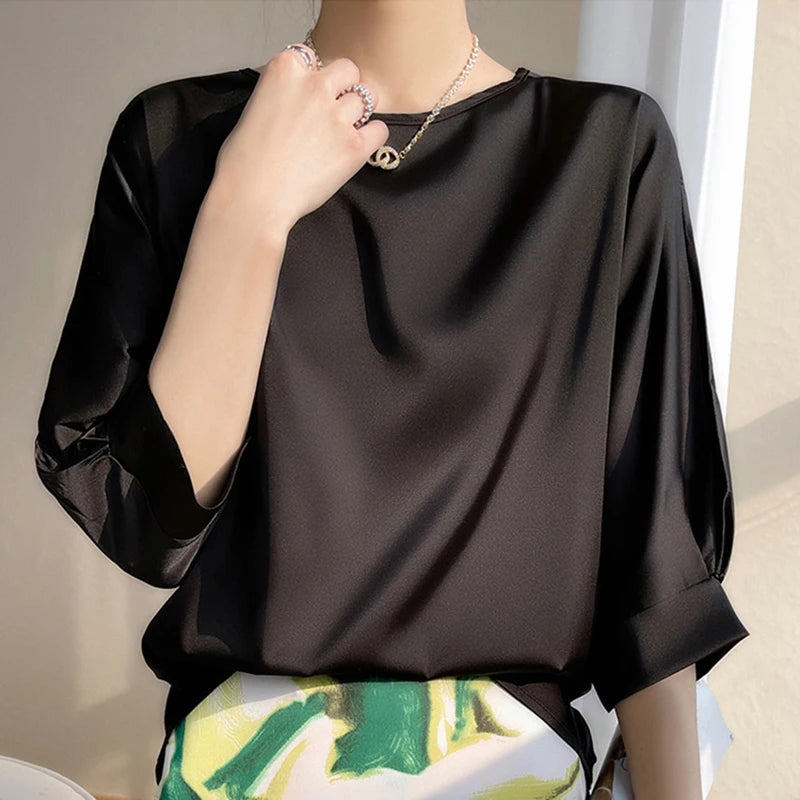 New In Summer Satin Silk Half-Sleeve Tee Tops Basic Solid Women‘s T-Shirt Casual O-neck Thin Shirts Ladies Loose Blouses