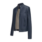 Black Women's Fitted Leather Jacket with Front Zipper & Side Pockets‌, Available in Brown, Navy Blue, and Beige.