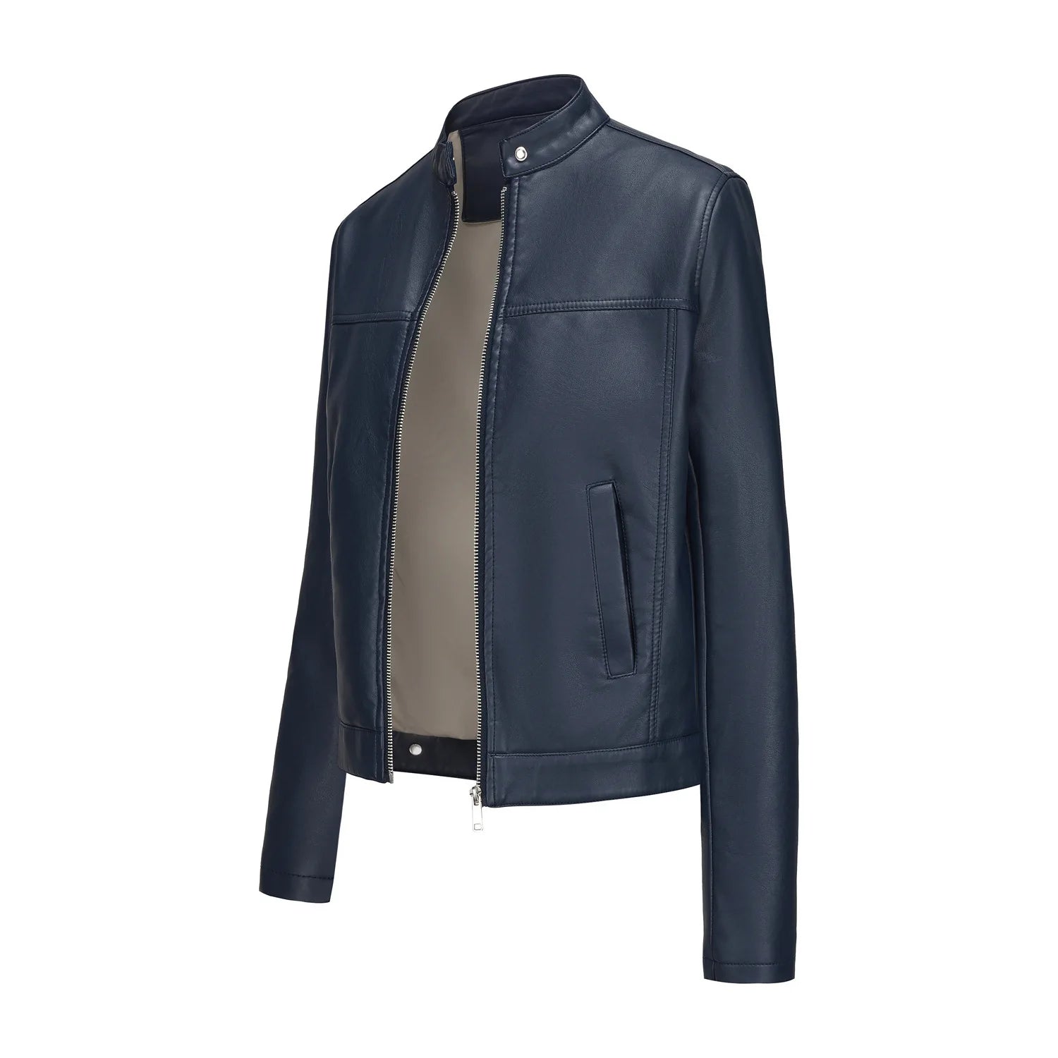 Black Women's Fitted Leather Jacket with Front Zipper & Side Pockets‌, Available in Brown, Navy Blue, and Beige.