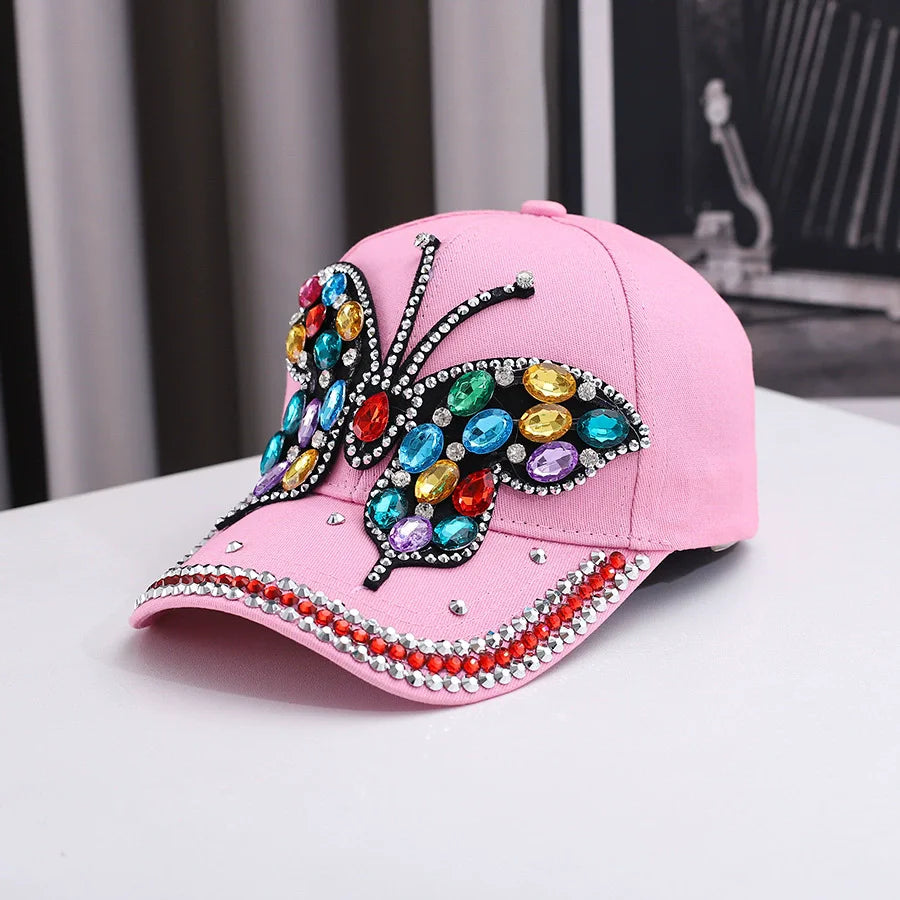 Fashionable And Versatile Outdoor Casual Baseball Cap With Colorful Diamond Inlay, Trendy Butterfly, Middle-Aged Duckbill Cap