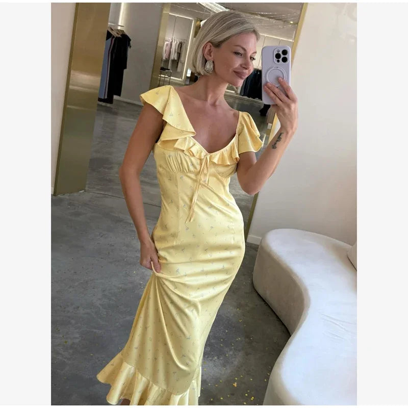 Flutter Sleeves Slim Long Dress Women Casual Pleated Deep V-neck Floral Print High Waist Dresses 2026 Lady Summer Holiday Wear