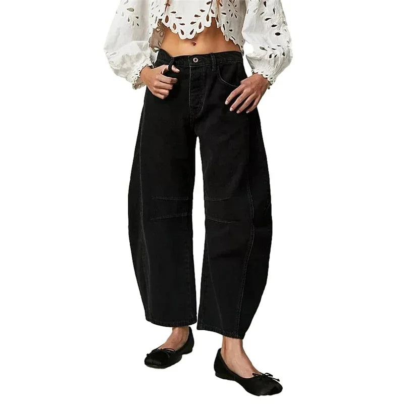 High Stretch Mid-Rise  Jeans Fashion Wide Leg Shape Women Casual Baggy Mid Waist Denim Jeans