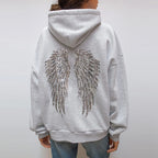 Casual Sequined Angel Wings Oversized Hoodie Women Loose Grey Long Sleeve Street Warm Pullover 2025 Winter Lady Daily Wear New