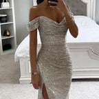 2026 Elegant Off-shoulder Gown Dress V-Neck Sequin Pleated Short Sleeve Waist Tight Maxi Dress Split Evening Party Prom Dress