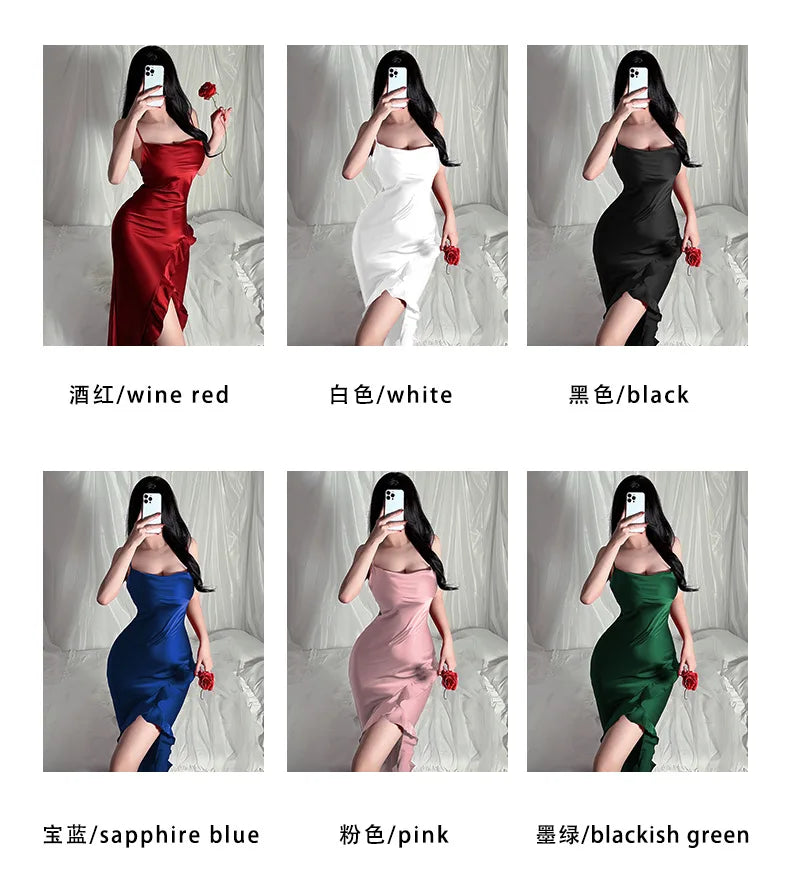 Red New Sling Sexy And Charming Ruffle Edge Bottom Split Smooth Surface Sleeveless Appear Thin Temperament Girl Long Dress 👗
