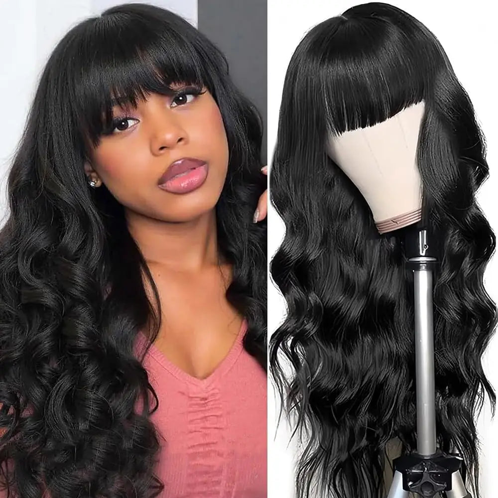 Body Wave Wigs with Bangs 3x1 Middle Part Lace Wig Human Hair Pre Plucked Body Wave Real Human Wigs with Bangs for Women 34 Inch