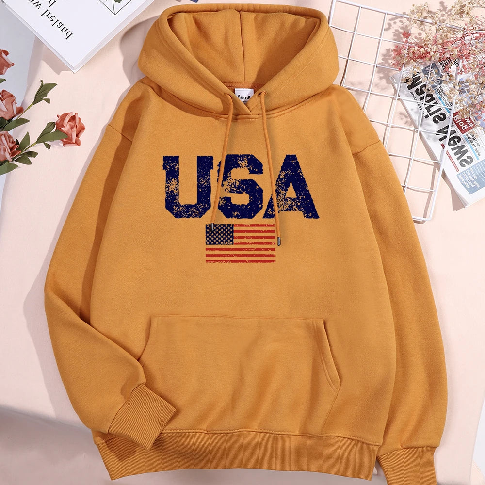 Usa Letters American Flag Stars And Stripes Hoodie Men Women Fleece Hoody Fleece Oversize Sweatshirt Autumn Pocket Clothes