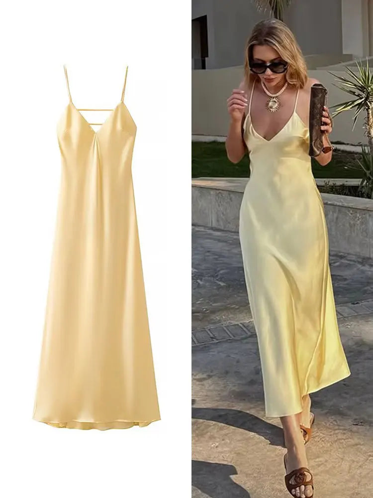 HH Women Summer Yellow Stain V Neck Sling Dress Elegant Sleeveless Loose Maxi Robes 2026 New Ladies Party Holiday Dresses Main image