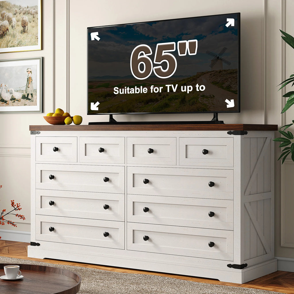 EnHomee 10 Drawer Large Antique Farmhouse wood Dresser and TV Stand with Smooth Metal Rail for Bedroom Storage