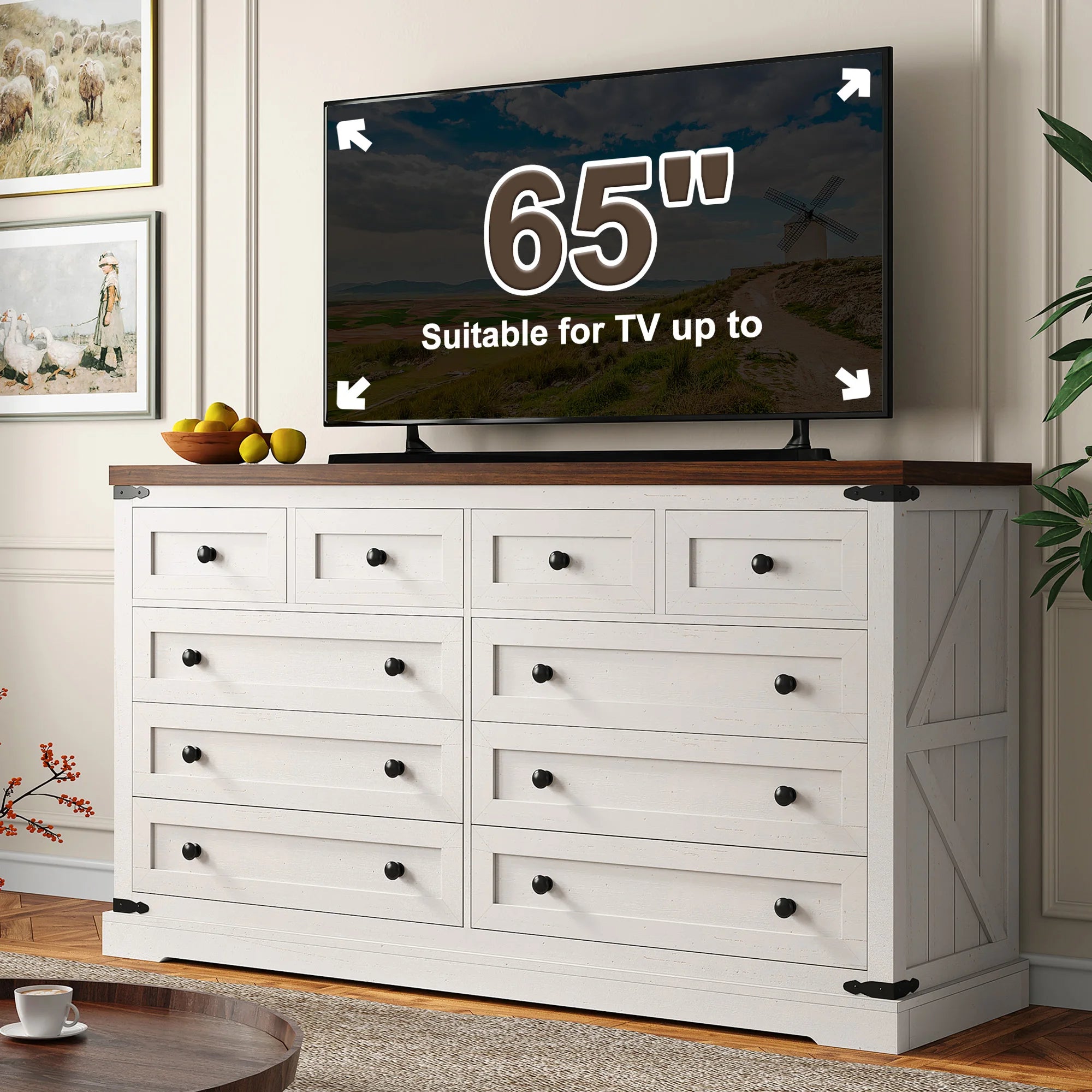 EnHomee 10 Drawer Large Antique Farmhouse wood Dresser and TV Stand with Smooth Metal Rail for Bedroom Storage