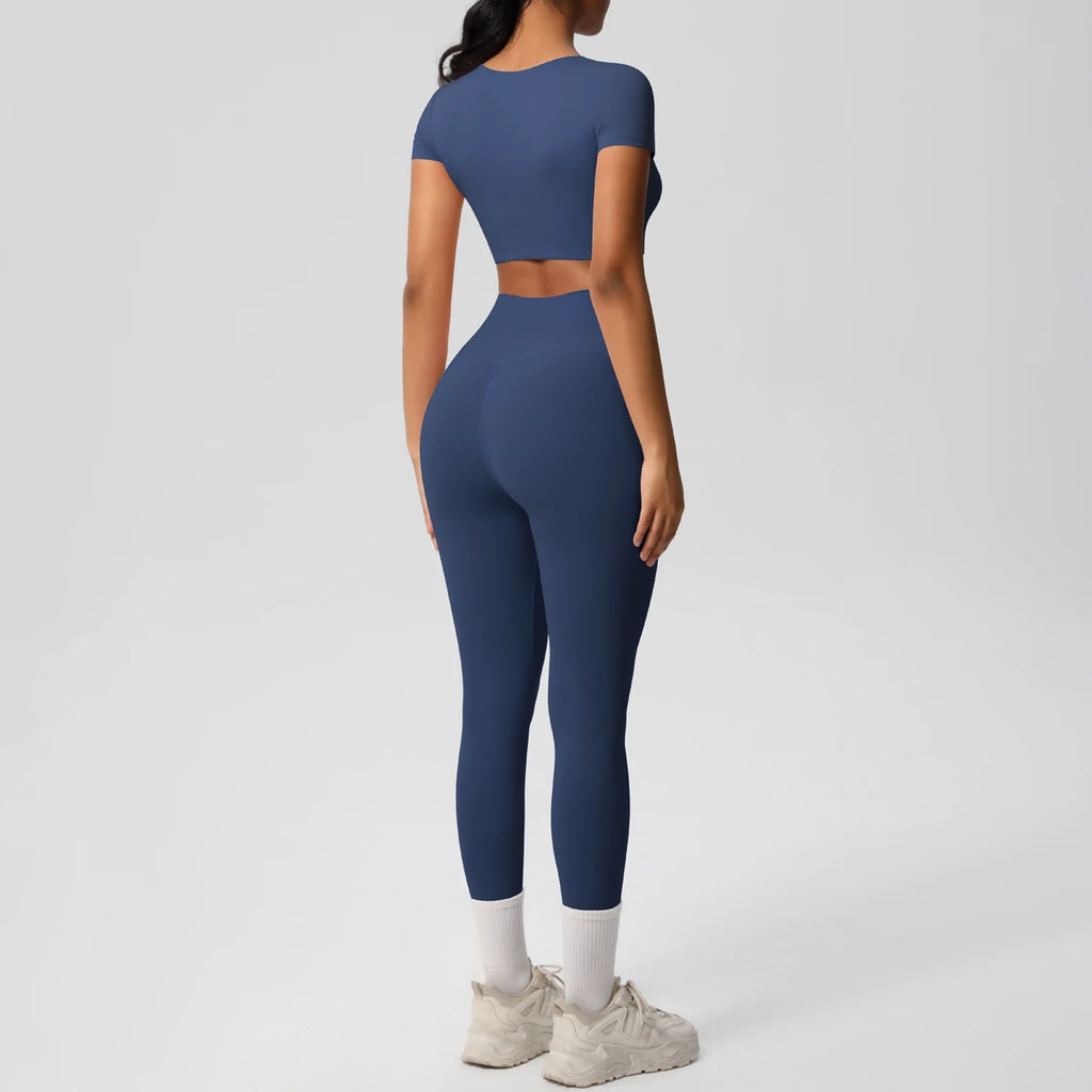 2PCS Woman Gym Sports Yoga Set Knitted Slim Workout Top Short Sleeve Quick Drying Legging Fitness Pants Running Sports Yoga Suit