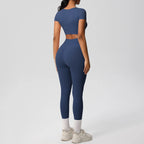 2PCS Woman Gym Sports Yoga Set Knitted Slim Workout Top Short Sleeve Quick Drying Legging Fitness Pants Running Sports Yoga Suit