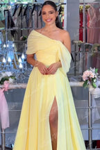 Saudi Arabia Sexy Yellow Prom Dresses for Women 2026 Pleated Chiffon Evening Gown Floor Length Formal Occasion Dress Customized
