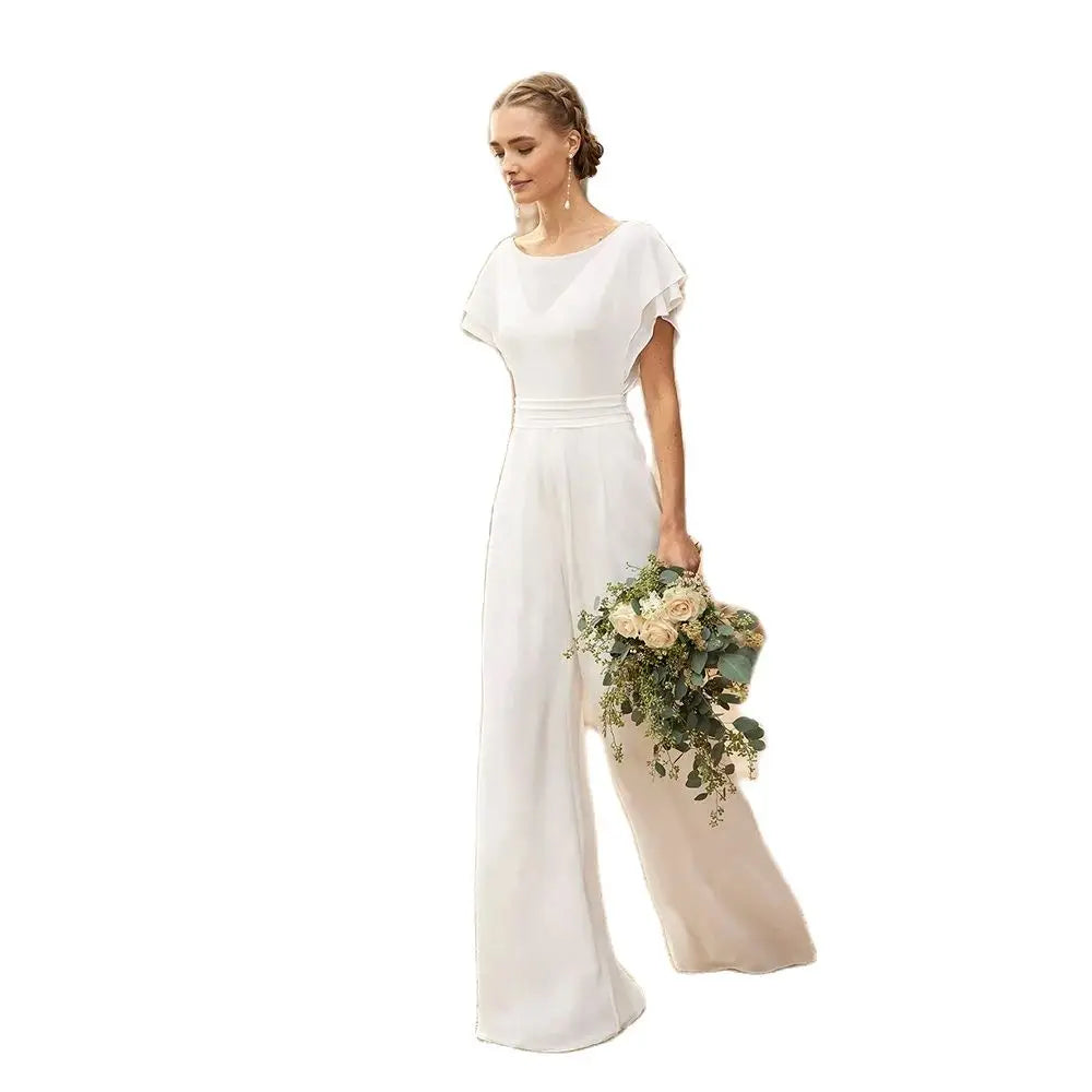 Modern Simple Wedding Dresses with Pants Boho Bridal Gowns Beach Bride Dress Round Neck Short Sleeve Wedding Gowns 2025 Back Out
