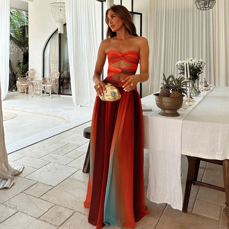 Tie-dye Gradient Hollow Out Women's Maxi Dress Elegant Off Shoulder A-line Hem Long Dresses New Summer 2026 Holiday Female Robes Secondary image