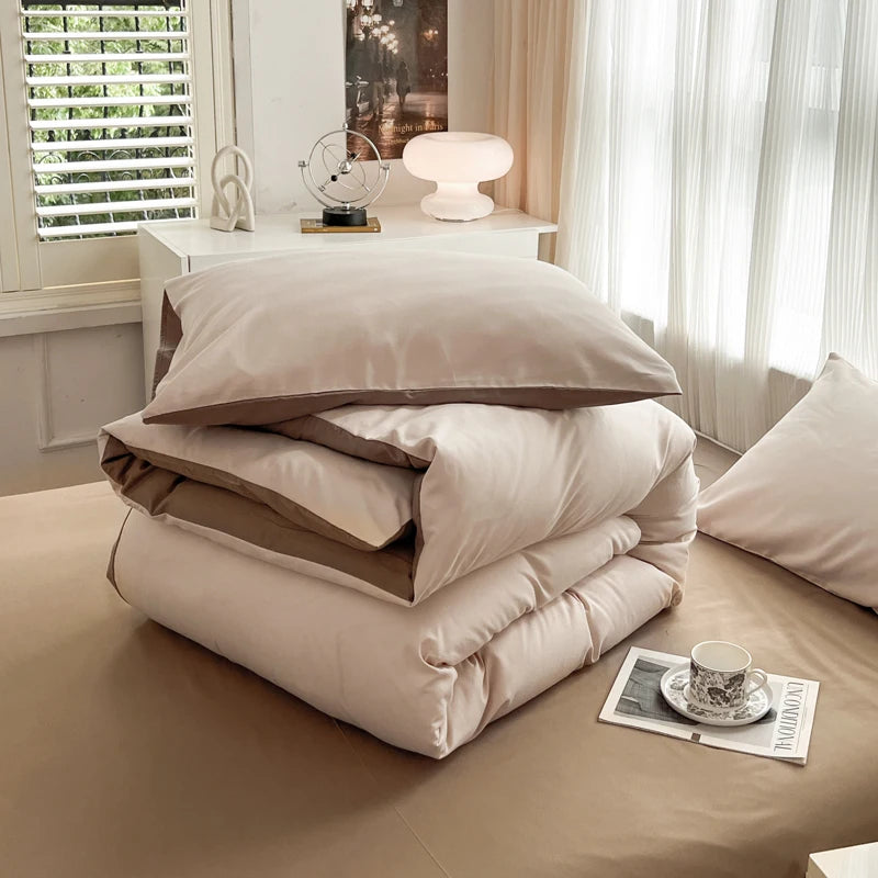 2-side Solid Color Brush Fabric Bed Set 4 Pieces Duvet Cover Pillowcase Bedding Set Bed Sheet Quilt Cover Single Queen King Size