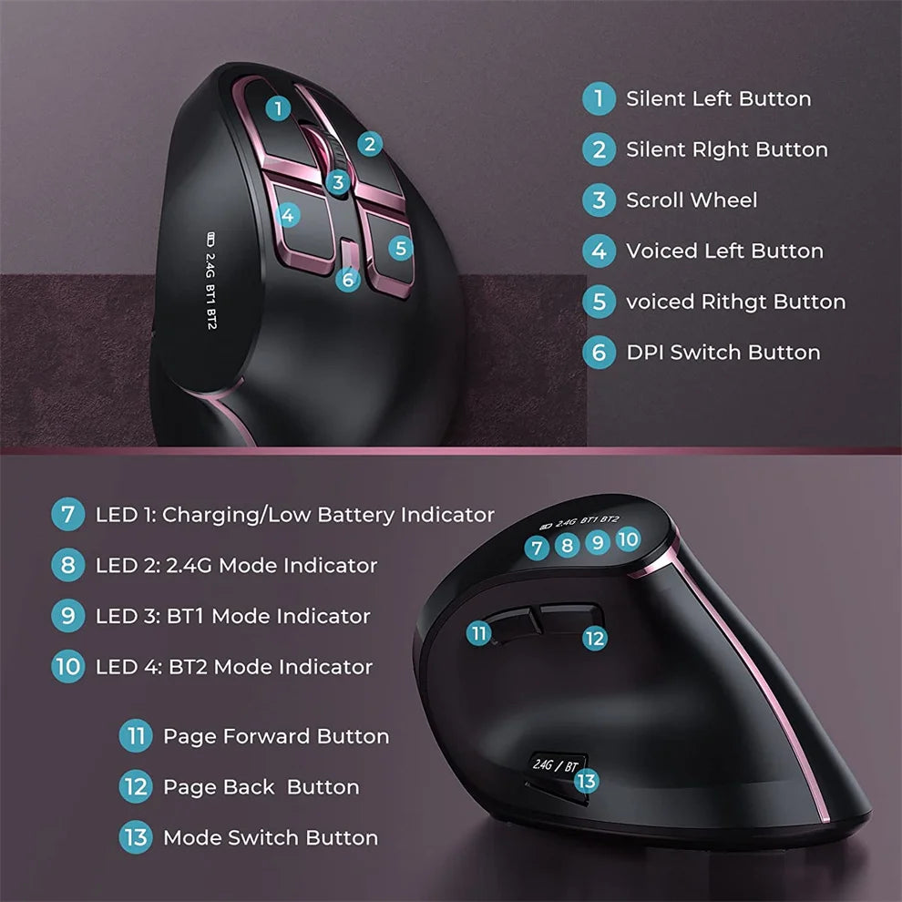 JOMAA 2.4G Wireless Mouse Rechargeable Bluetooth Mouse Ergonomic Vertical Mouse for Mac Windows Laptop Tablet Gaming Mause