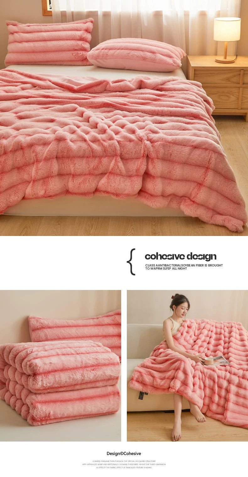 Ultra Soft Luxury Flffy Faux Rabbit Fur Blanket, Thick Winter Warm Throw Blankets, Plush Cozy Bubble Fleece Blankets Home Decor