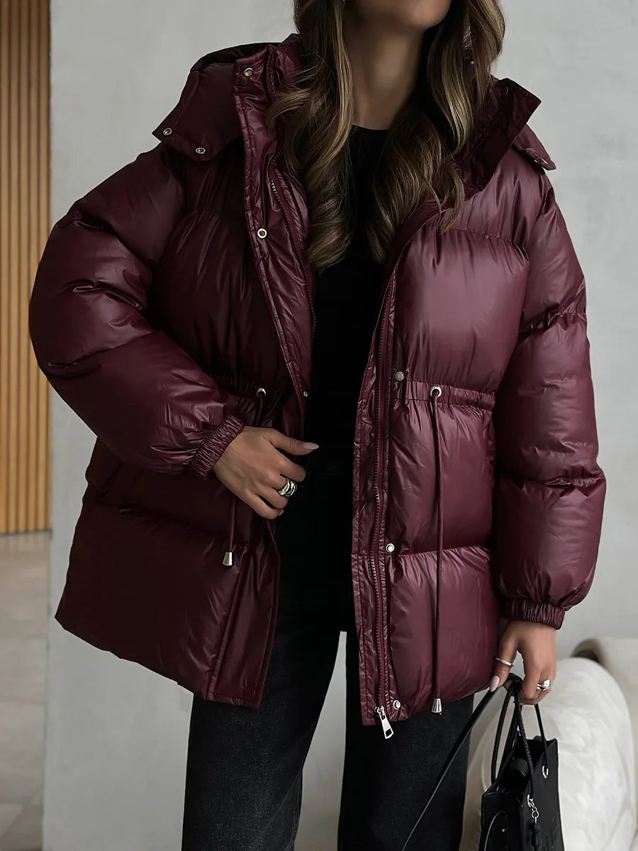 Bornladies Drawstring Slim Fit Cotton Jacket Women's  Winter New Hooded Zipper Cotton Robe Comfortable Warm Bread Jacket