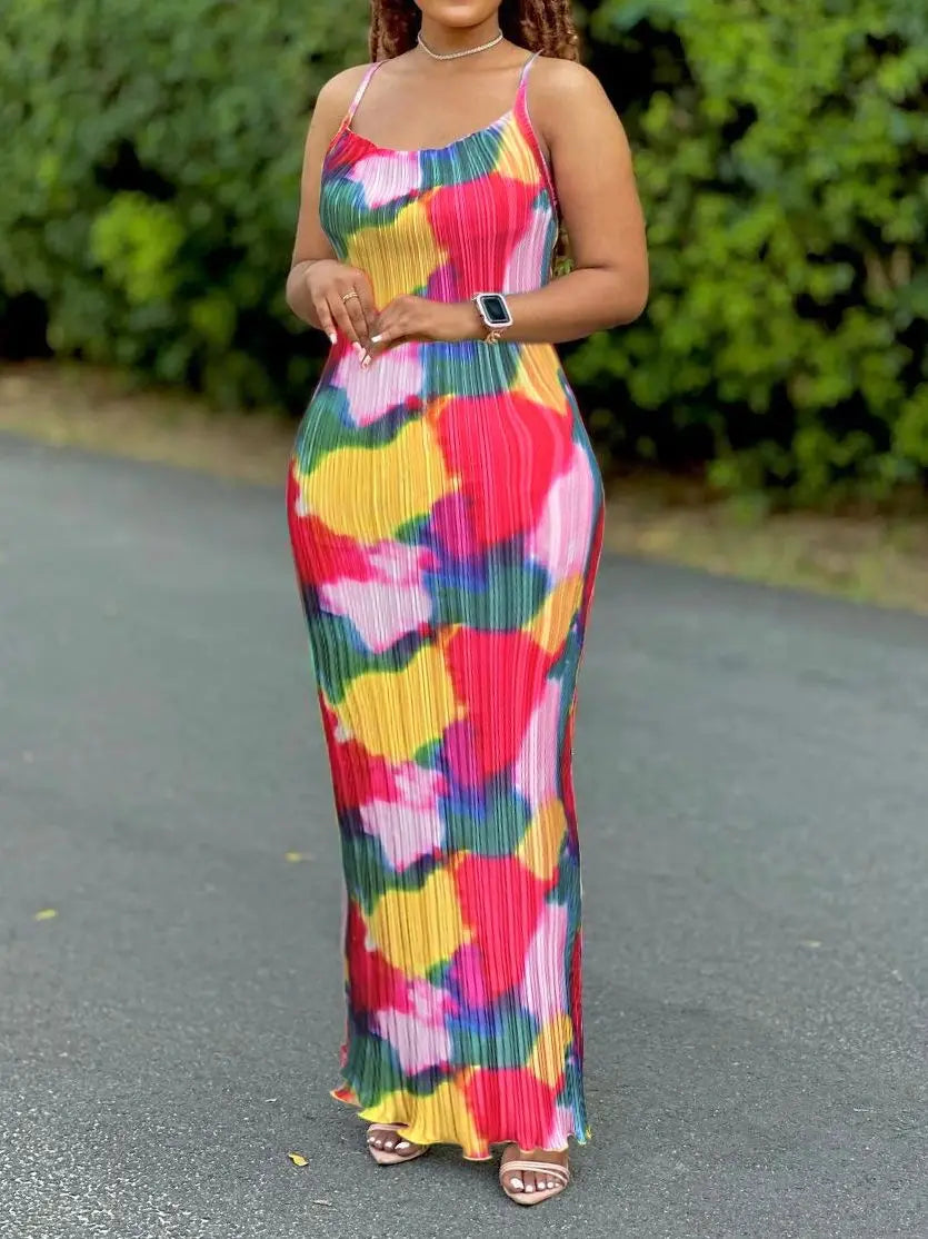 Women's Tie Dye Print Pleated Dress,Summer Spaghetti Strap Bodycon Dress,Vestidos Casual Slimming,Women's clothing Main image