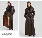 Lautaro Spring Autumn Extra Long Brown Pu Leather Trench Coat for Women Sashes Luxury Chic Overcoat Runway European Fashion 2024