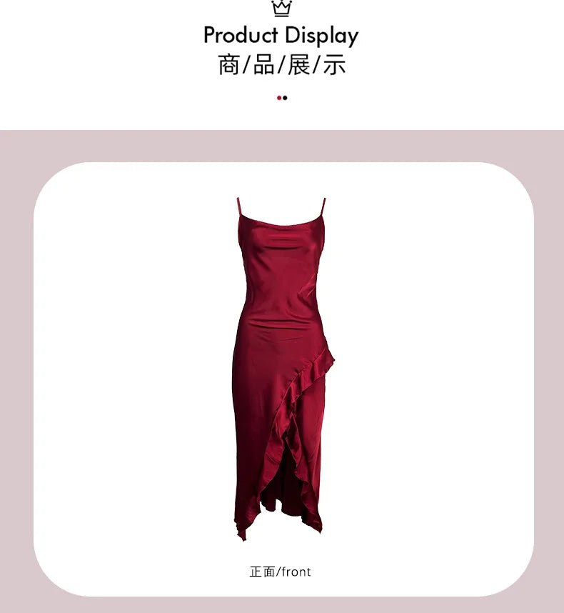 Red New Sling Sexy And Charming Ruffle Edge Bottom Split Smooth Surface Sleeveless Appear Thin Temperament Girl Long Dress 👗