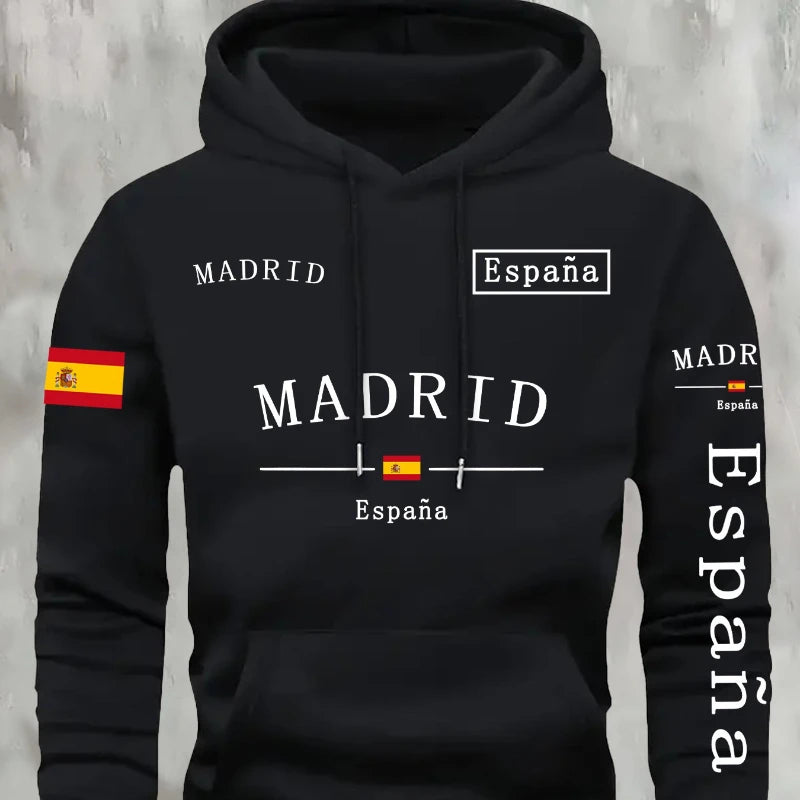 Spanish flag madrid printed Autumn and Winter Warm Cotton Men's Fleece Oversized Hoodie Outdoor Commuter Men's High Elastic top